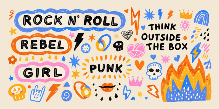 Punk Rock Doodle Collection Colorful Vector Illustration