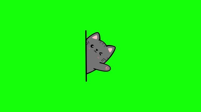 Cute Gray Cat Silhouette on Bright Green Background Minimalist Design