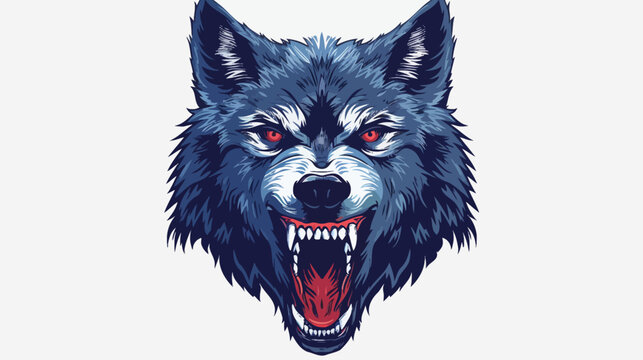 Intense wolf head illustration with sharp fangs and piercing red eyes on white