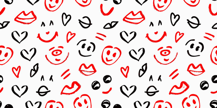 Minimalist face doodles pattern red and black on white background