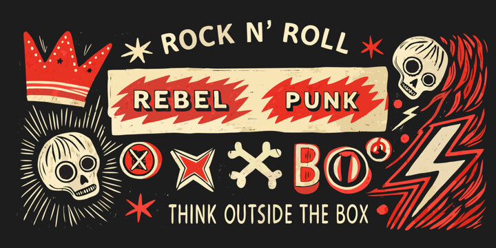 Rock and roll graphic design with skulls crown and lightning bolts illustration