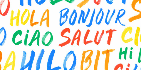 Multilingual Hello Typography Colorful Watercolor Pattern On White Background © AnupKumar
