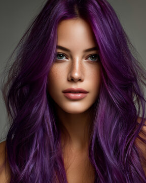 Young woman with purple hair posing on gray background