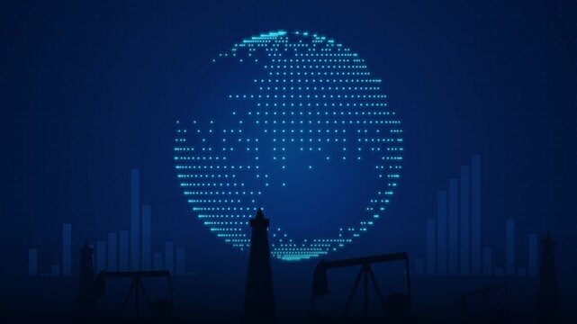 Digital globe and industrial oil pump jacks motion graphic