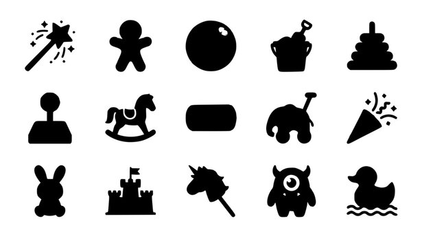 Flat Kids Play Icon Collection with Fantasy Toys Animals and Gaming Elements Vector Illustration