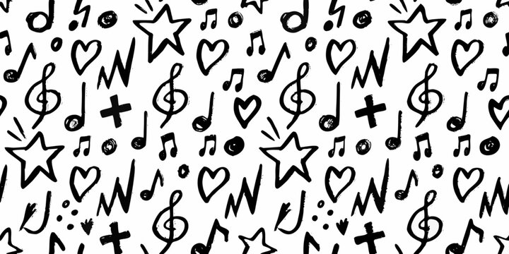 Musical notes hearts and stars seamless vector pattern on white background