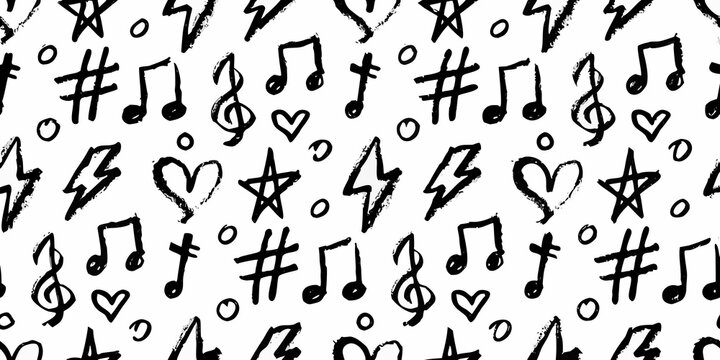 Musical notes and symbols seamless pattern on a white background