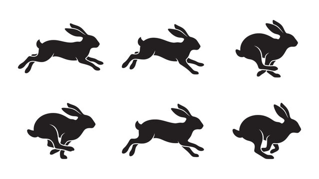 Collection of black silhouette rabbit icons in various jumping and running poses.