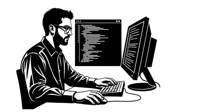Black and white illustration of a man working on computer code