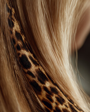 Blonde hair with leopard print extension in close up