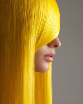 Woman with yellow hair covering face on gray background