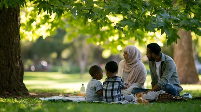 A loving family enjoys a peaceful picnic under a shady tree in a beautiful park setting