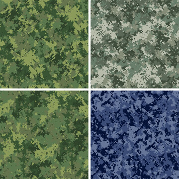 Four seamless camouflage swatches feature fern, smoke, green, navy palettes plus blotched organic marks, vivid pack suits prints, backdrops, scrapbooking, graphics, textiles, covers, graphics asset.
