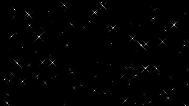 Christmas background with twinkling white stars and sparks on black. Shining particles with diamond glitter on a dark background.