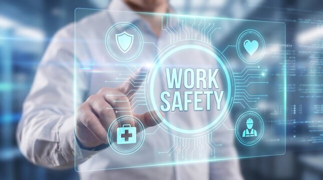 Business professional pointing at digital work safety holographic interface with protective and health icons in a high tech office environment for occupational hazard management