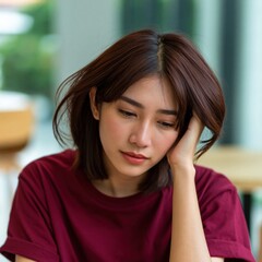 Fototapeta premium Close-up thoughtful young woman portrait in casual burgundy shirt for profile background and social media banner
