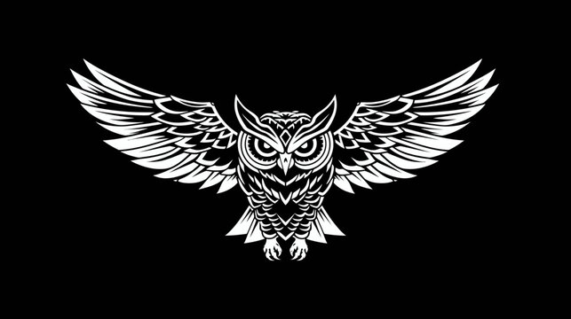 White owl with open wings on black background illustrative artwork