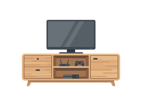 wooden TV stand icon, low wooden television cabinet with open shelves and drawers, living room furniture concept 