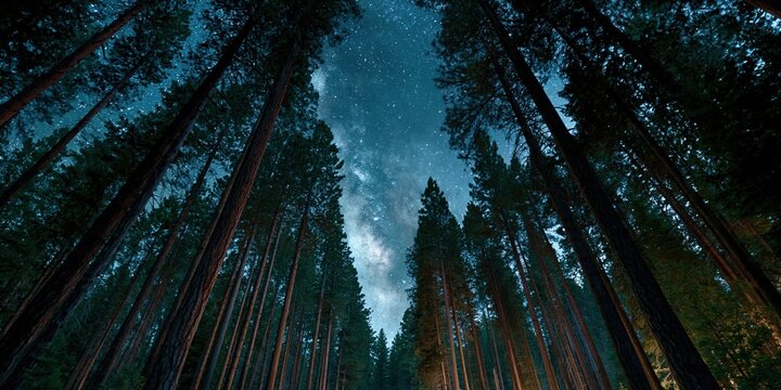 Tall pine forest under starry milky way sky with vertical perspective for night wallpaper and outdoor banner design