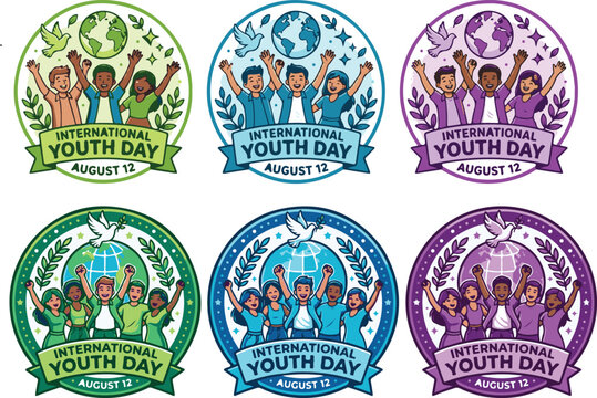 International youth day august 12th celebration logos and badges