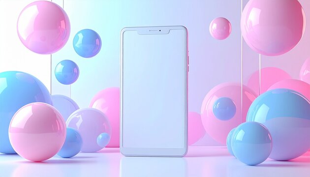 パステルピンクとブルーの球体に囲まれたスマートフォンの3Dモックアップ背景