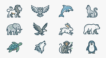Fototapeta premium Professional Set of 12 Minimalist Line Drawn Animal Icons in Light Gray and Blue Tones for Educational Eco or Branding Use