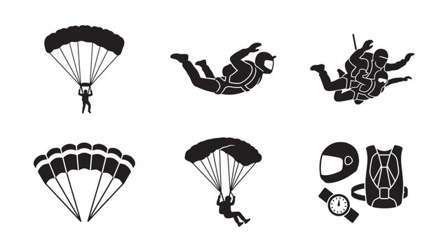 Set of black and white skydiving and parachuting activity icons.