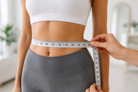 Woman having waist measured with tape measure in fitness studio
