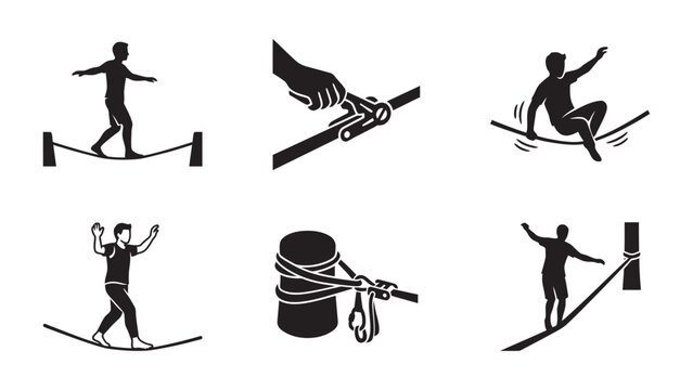 Set of slackline and highline icons with people walking on ropes.