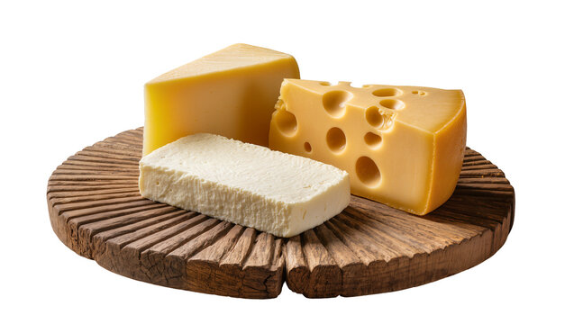 Assortment of cheese blocks on wooden board