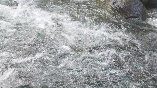 Fast flowing river water with white foam over gray rocks in nature