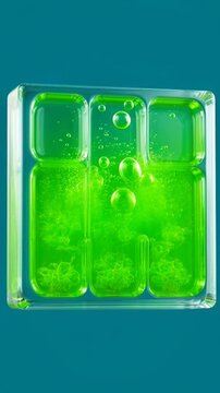 Green liquid motion bubbler timer toy close up on teal background.