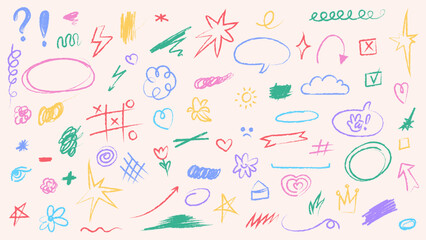Vector set of hand drawn colorful doodles and signs with crayon chalk texture. Multicolored scribble collection including arrows stars hearts speech bubbles lines underlines shapes isolated on beige b © Ayaulym
