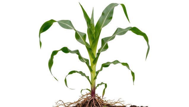 Young corn plant with visible roots and green leaves