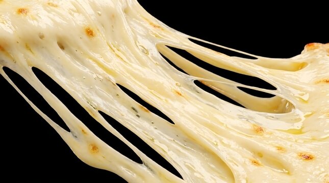 Melted Mozzarella Cheese Stretching on Black Background
