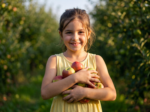 Smiling young girl holding an armful of fresh red apples in an orchard at sunset