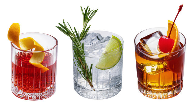 Three cocktails with garnishes in crystal glasses