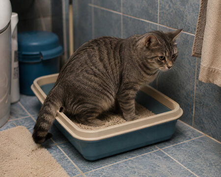 Gray tabby cat using litter box in bathroom
