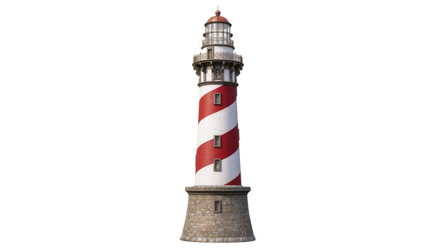 Red and white striped lighthouse with stone base