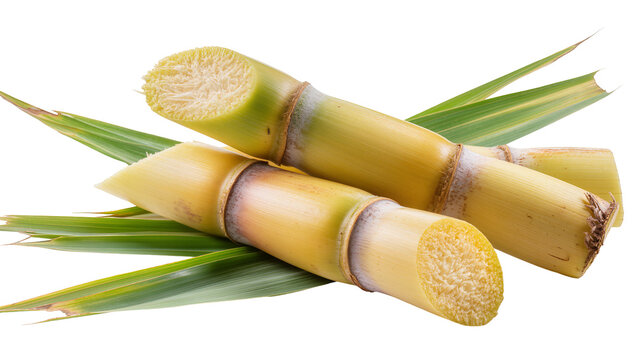 Two cut sugarcane stalks with green leaves