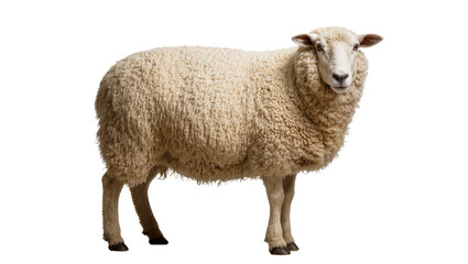 Fluffy sheep with thick wool standing on white © Gabriela