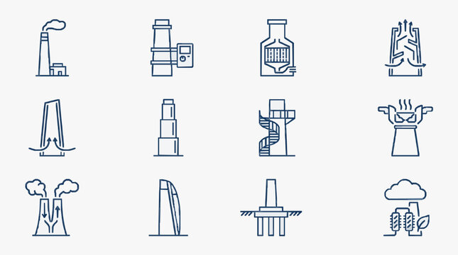 Industrial Icons Set Showcasing Various Energy Production Pollution and Renewable Resources in Monochromatic Blue Line Art
