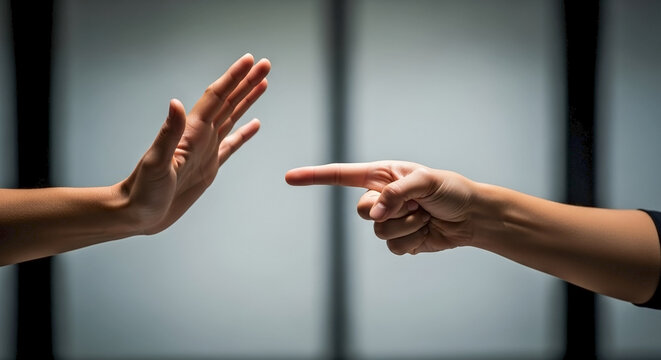 Hands gesturing stop and pointing, symbolizing disrespect and conflict, for teen conflict resolution, social issue awareness, boundary setting, and bullying prevention resources