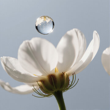 La goutte d'eau suspendue au dessus de la fleur, macro, gros plan