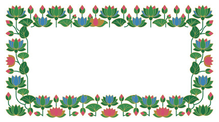 Fototapeta premium Decorative rectangular frame border featuring traditional indian lotus flowers