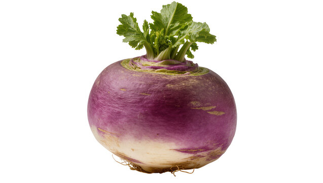 Purple and white turnip root with green leaves