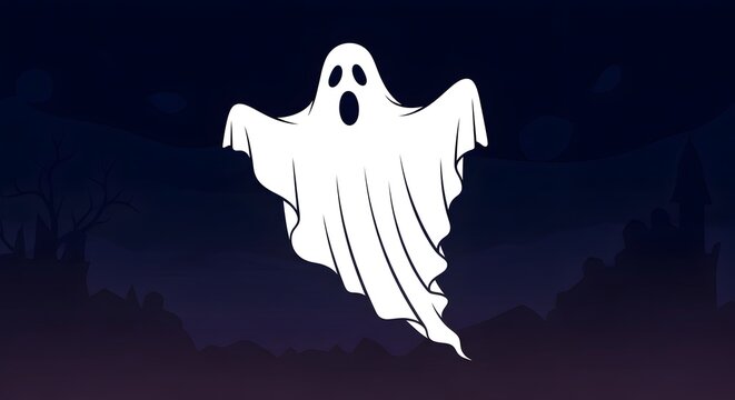 White ghost floating in the dark night sky against a spooky purple and black background for halloween concept with halloween supernatural floating darkness