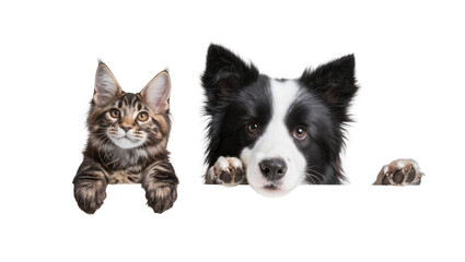 Maine Coon kitten and Border Collie dog peeking over edge © Gabriela