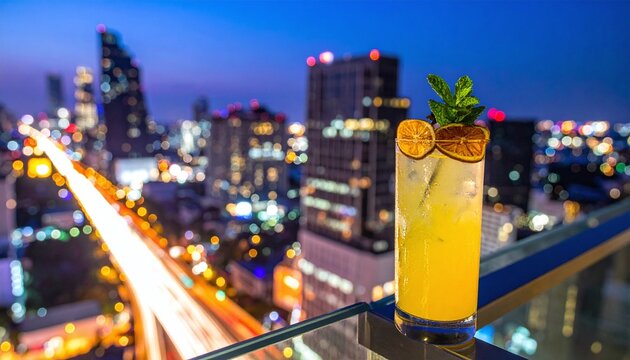 Savor a refreshing citrus cocktail at a rooftop bar with a blurred night cityscape. This vibrant image captures luxury nightlife, urban travel, and sophisticated evening entertainment.