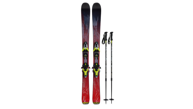 Red skis with yellow bindings and ski poles